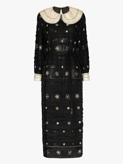 Shop Vita Kin Constellation Embroidered Linen Dress In Black
