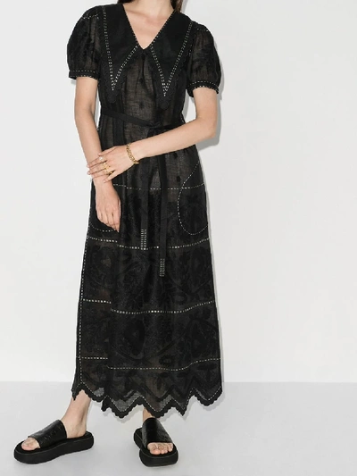 Shop Vita Kin Puff-sleeve Embroidered Linen Dress In Black