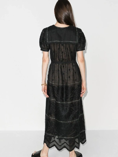 Shop Vita Kin Puff-sleeve Embroidered Linen Dress In Black