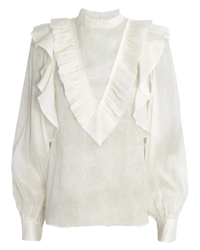 Shop Aje Liberation Frill Silk-linen Blouse In Ivory