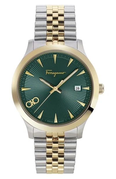 Shop Ferragamo Duo Bracelet Watch, 40mm In Gold/ Green Guilloche/ Gold