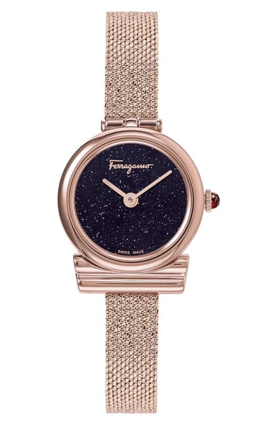 Shop Ferragamo Gancini Holiday Capsule Mesh Strap Watch, 22mm In Blue Sand Stone/ Rose Gold