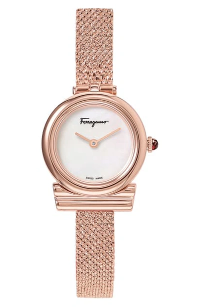 Shop Ferragamo Gancino Slim Mesh Strap Watch, 22mm In Rose Gold/ White Mop/rose Gold
