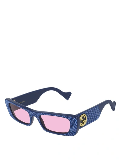 Shop Gucci Rhinestones Embellished Squared Sunglasses In Blue