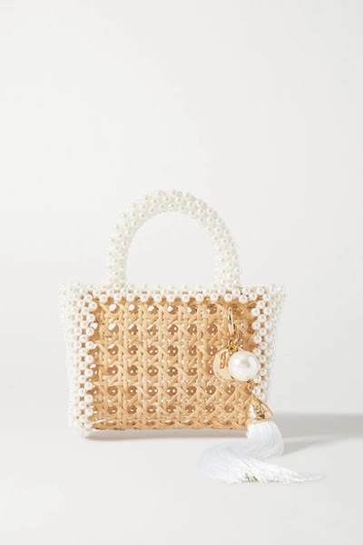 Shop Rosantica Spiaggia Faux Pearl-embellished Wicker Tote In Neutral