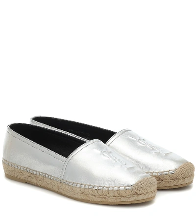 Shop Saint Laurent Monogram Metallic Leather Espadrilles In Silver