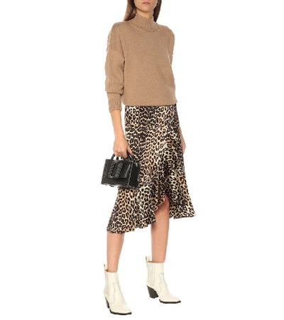 Shop Ganni Leopard-print Stretch-silk Midi Skirt In Brown