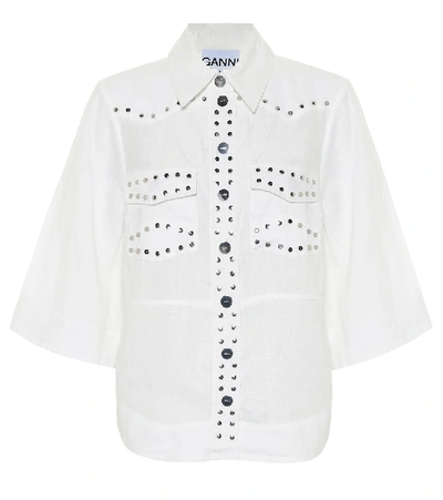Shop Ganni Embellished Linen Shirt In White