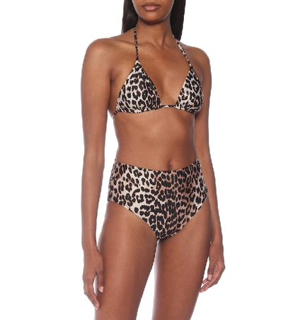 Shop Ganni Leopard-print Triangle Bikini Top In Brown