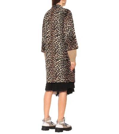 Shop Ganni Leopard-print Linen And Cotton Coat In Brown