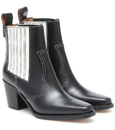 Shop Ganni Western Leather Ankle Boots In Black