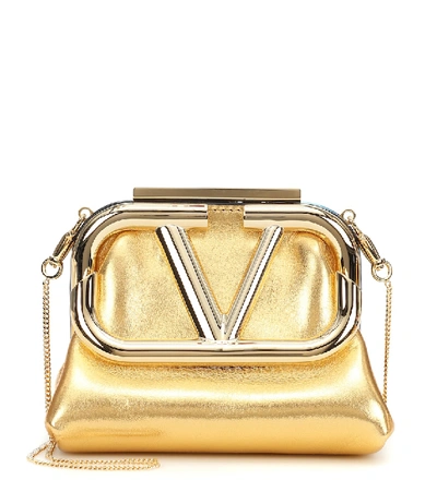 Shop Valentino Supervee Mini Metallic Leather Clutch In Gold