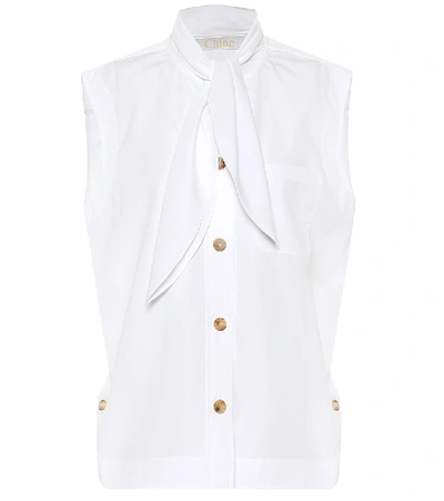 Shop Chloé Tie-neck Cotton-poplin Blouse In White