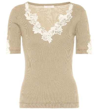 Shop Chloé Lace-trimmed Ribbed-knit Cotton Top In Beige