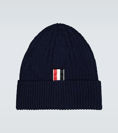 Shop Thom Browne Striped Ribbed-knit Beanie In Navy