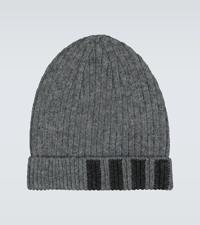 Shop Thom Browne Ribbed Striped Cashmere Hat In Grey