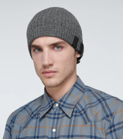 Shop Thom Browne Ribbed Striped Cashmere Hat In Grey