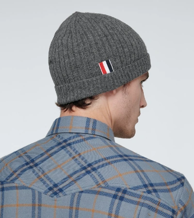 Shop Thom Browne Ribbed Striped Cashmere Hat In Grey