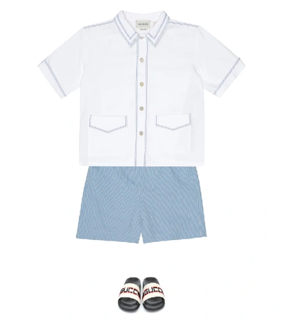 Shop Gucci Striped Cotton Shorts In Blue