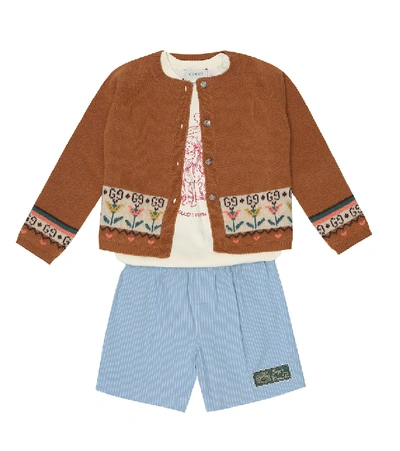 Shop Gucci Baby Jacquard Wool Cardigan In Brown