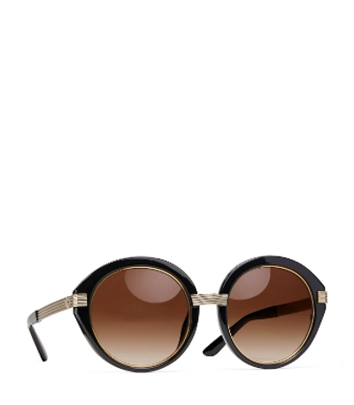 Shop Tory Burch Kira Striped Round Sunglasses In Black