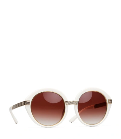 Shop Tory Burch Kira Striped Round Sunglasses In Off White