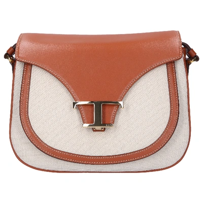 Shop Tod's Women Handbag Mini Calfskin Canvas Logo Brown In White