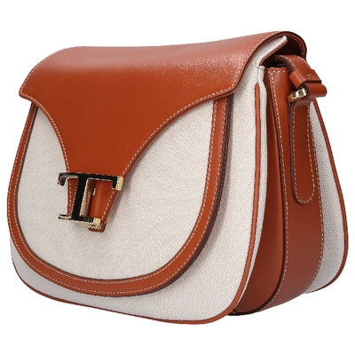 Shop Tod's Women Handbag Mini Calfskin Canvas Logo Brown In White