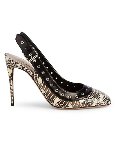 Shop Valentino Grommet Snake-embossed Leather Slingback Pumps In Roccia