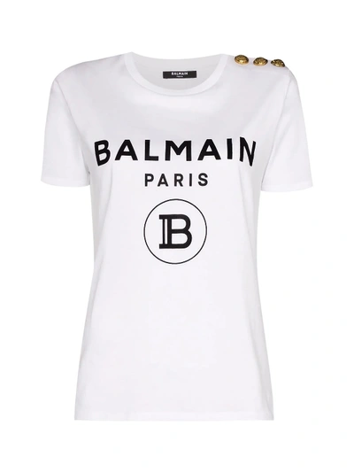 Shop Balmain Ss 3 Btn Flocked Logo T-shirt In Gab Blanc Noir