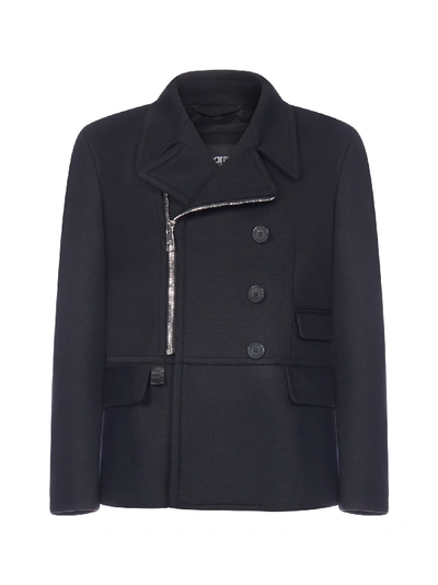 Shop Neil Barrett Zip-up Wool-blend Pea Coat In Black