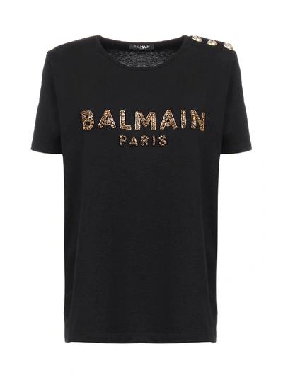 Shop Balmain Logo Cotton T-shirt In Noir Or