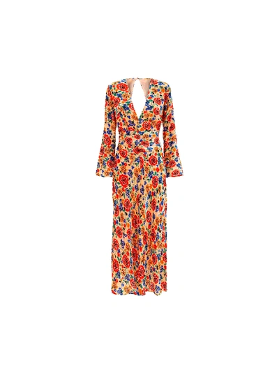 Shop Rixo London Rixo Long Dress In Swirl Floral Print On Burnout Velve