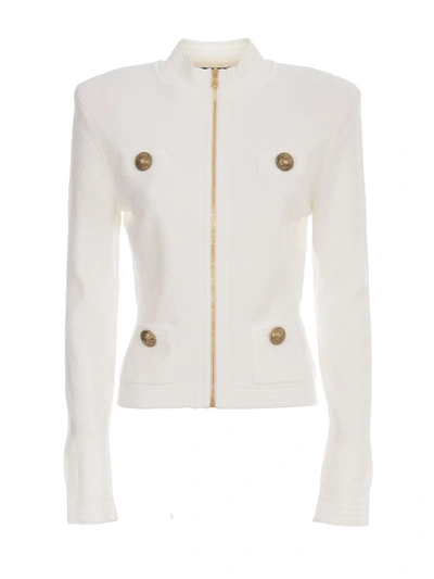 Shop Balmain Zipped Diamond Knit Jacket In Fa Blanc