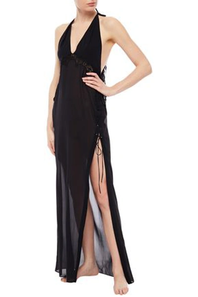 Shop La Perla Lace-trimmed Tulle And Silk-blend Chiffon Nightgown In Black