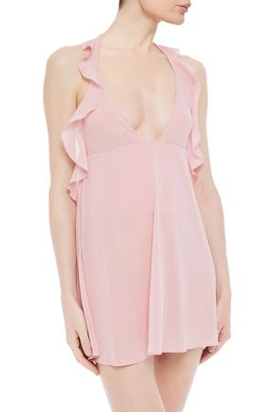 Shop La Perla Embroidered Tulle-trimmed Ruffled Stretch-silk Halterneck Chemise In Baby Pink