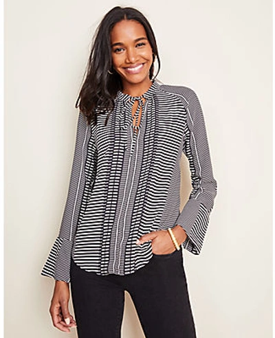 Shop Ann Taylor Mixed Stripe Tie Neck Flare Cuff Blouse In Black