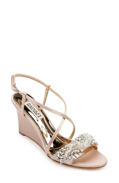 Shop Badgley Mischka Clarisa Embellished Wedge Sandal In Soft Blush Satin