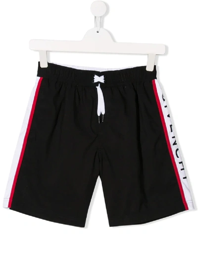 Shop Givenchy Teen Logo Stripe Swim Shorts In Black