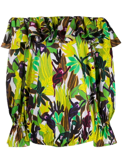 Shop Valentino Leaf-print Ruffled Blouse In Green