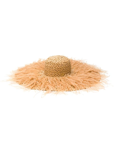Shop Valentino Feathered Straw Hat In Brown