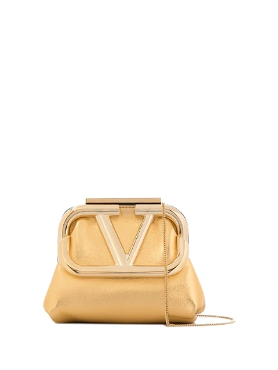 Shop Valentino Mini Supervee Metallic Clutch Bag In Gold