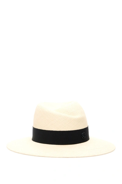 Shop Maison Michel Virginie Straw Hat In Navy (beige)