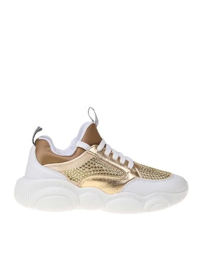Shop Moschino Teddy Sneakers In Leather And Fabric In Beige / Gold