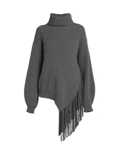 Shop Stella Mccartney Fringed Cashmere & Wool Turtleneck Sweater In Grey Melange