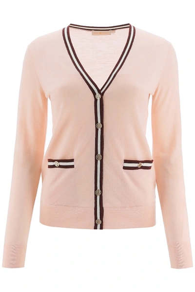 Shop Tory Burch Madeline Cardigan With Logo Buttons In Pink Sky Imperial Garnet (pink)