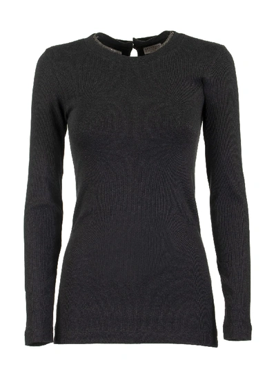 Shop Brunello Cucinelli Ribbed Stretch Cotton Jersey T-shirt With Monili In Anthracite