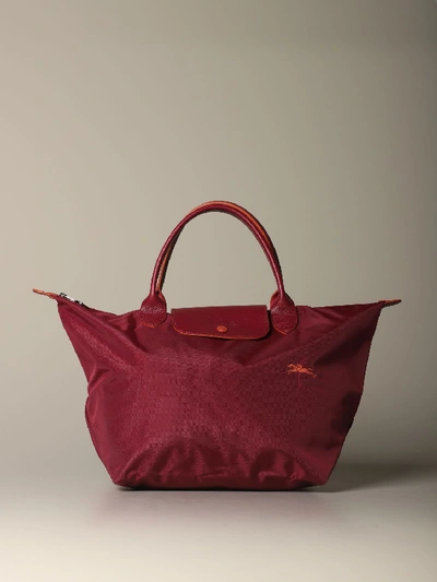 Shop Longchamp Bag In Nylon With Embroidered Logo In Burgundy