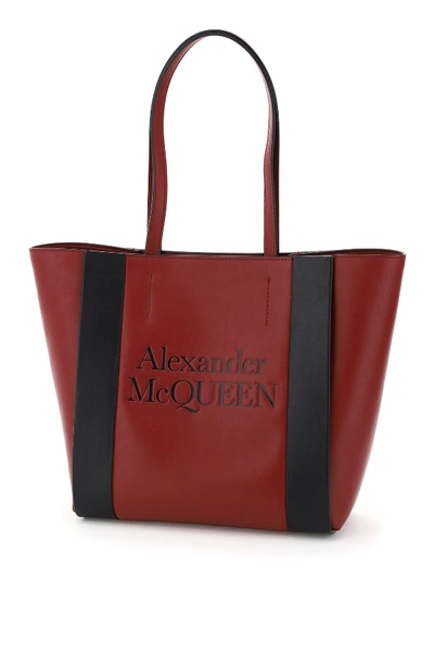 Shop Alexander Mcqueen Small Signature Tote Bag In Oxblood Black (red)