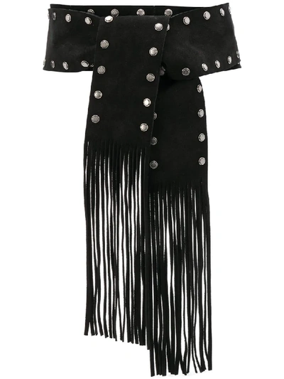 Shop Saint Laurent Stud-embellished Fringed Belt In Black